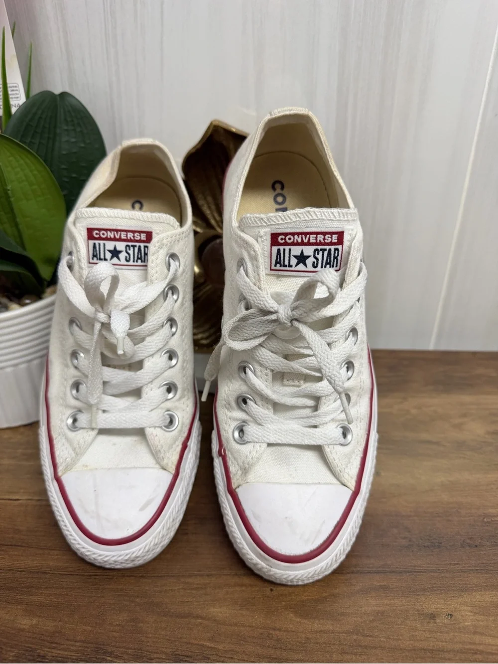 Converse Kids White Canvas Low Top Sneakers with Red Trim